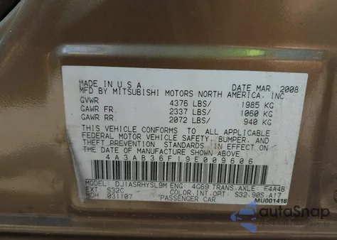 2009 Mitsubishi Galant Es/Sport Edition from USA, damaged, VIN 4A3AB36F19E009606